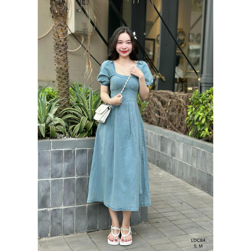 Đầm xòe jean quây ngực cổ vuông phong cách tiểu thư dể thương CHIBEST LDC84