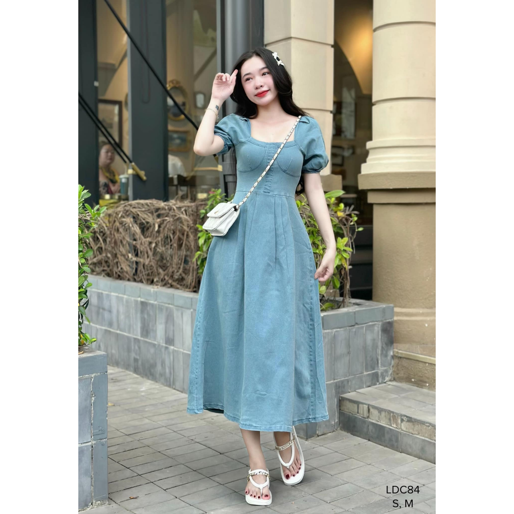 Đầm xòe jean quây ngực cổ vuông phong cách tiểu thư dể thương CHIBEST LDC84