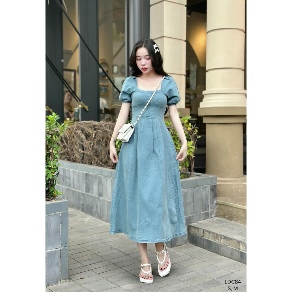 Đầm xòe jean quây ngực cổ vuông phong cách tiểu thư dể thương CHIBEST LDC84