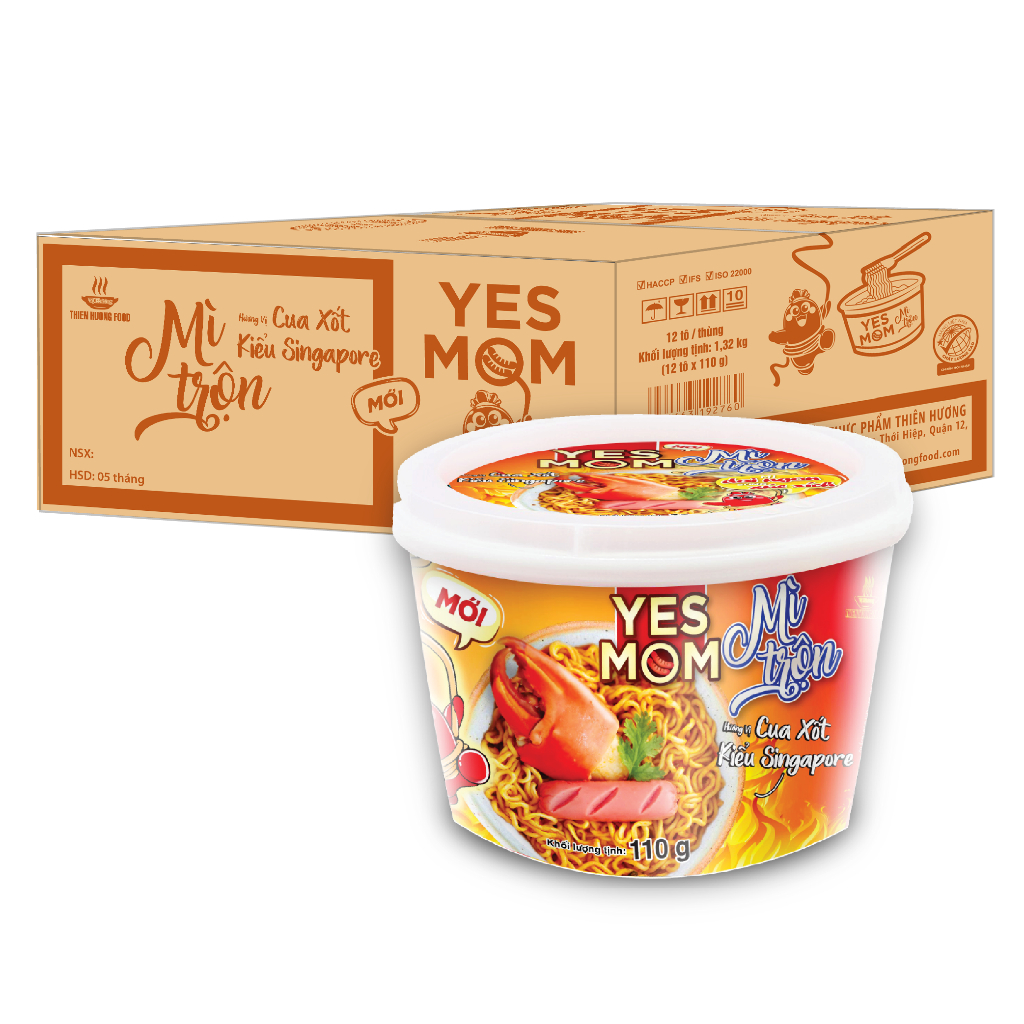 Thùng 12 tô Mì Tô Trộn Cua Xốt Kiểu Singapore Yes Mom 110gr/ Tô