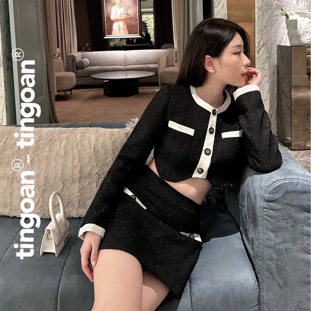 TINGOAN® - Áo khoác tweed croptop đen cổ tròn lượn viền dưới đính cúc ngọc vân hoa I DID SOMETHING BAD TOP/BL