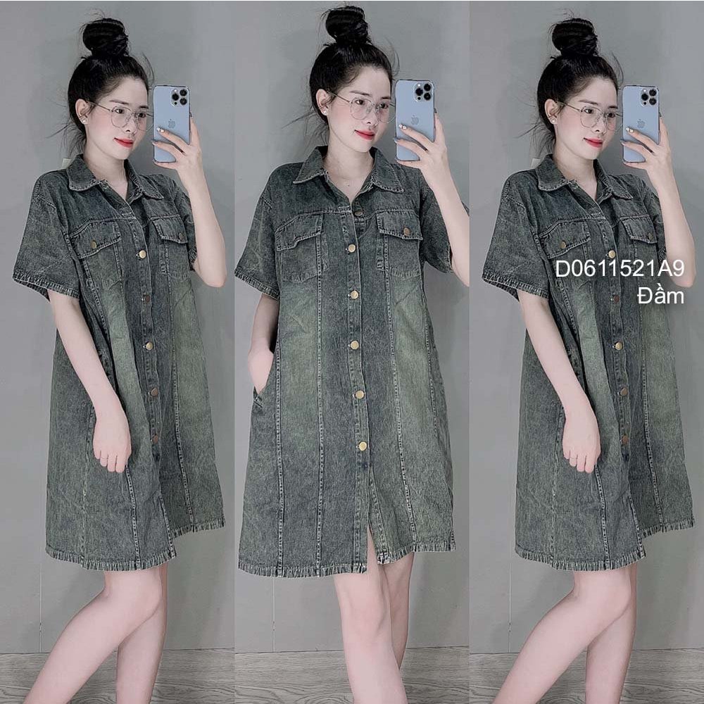Đầm jean dáng suông dài phối túi ngực tay ngắn hàng QC!