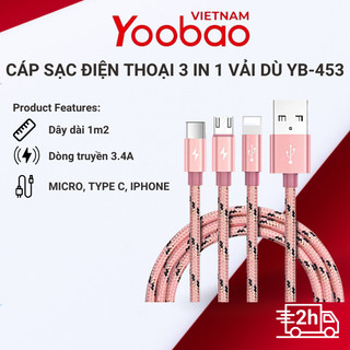 Dây cáp sạc YOOBAO YB453 3 IN 1 Lightning, microUSB, type C, bọc vải dù siêu bền, chiều dài 1.2m - Hàng chính hãng