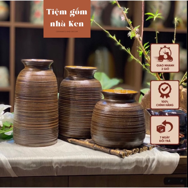 Bình gốm men nâu mộc gốm sứ Bát Tràng trang trí phòng khách , bình cắm hoa decor