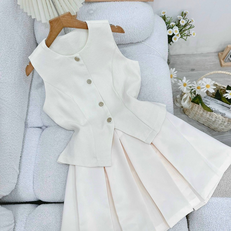 Florence- Set áo ghi lê tweed và chân váy xếp ly cotton màu kem