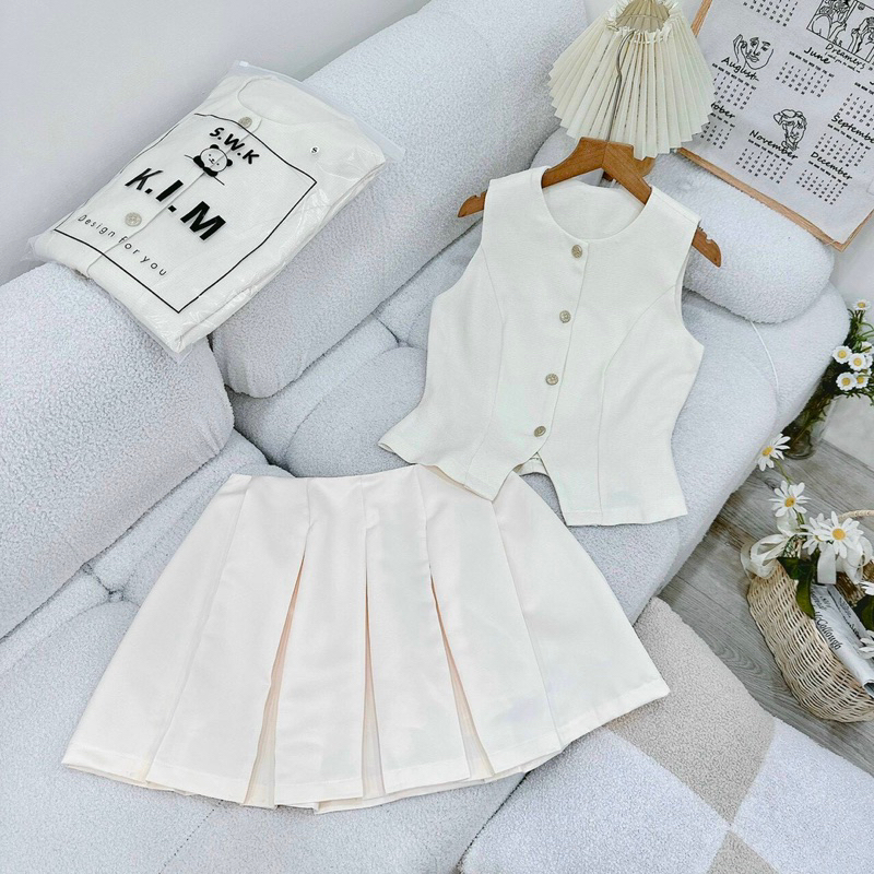 Florence- Set áo ghi lê tweed và chân váy xếp ly cotton màu kem