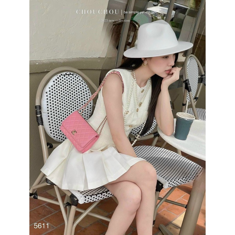 Florence- Set áo ghi lê tweed và chân váy xếp ly cotton màu kem