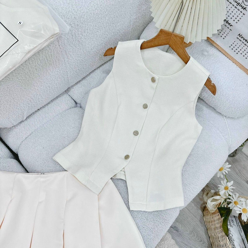 Florence- Set áo ghi lê tweed và chân váy xếp ly cotton màu kem