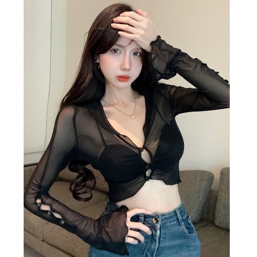 Áo Croptop Tay Dài Cổ V Xuyên Thấu Không Kèm Bra - Chuly