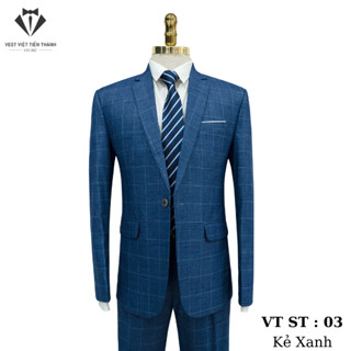 Bộ vest nam kẻ caro xanh cao cấp vest việt tiến thành