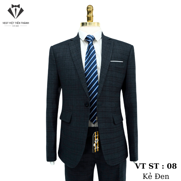 Bộ vest nam kẻ caro xanh cao cấp vest việt tiến thành