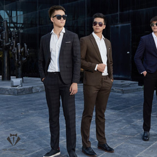 Bộ vest đen kẻ caro vải cashmere cao cấp vest việt tiến thành