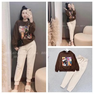 Bộ Đồ Nữ , Set Bộ Đồ Mùa Đông Áo Nỉ In Hình Cún Mix Quần Nỉ Bo Gấu Dáng Dài Siêu Kute