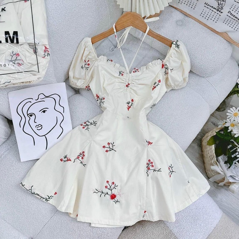 Florence- Đầm xoè tay phồng hoa màu kem