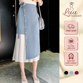  Chân Váy Thiết Kế Phối Lụa Đính Cúc Dáng Dài 70cm Nơ lệch Thời TRang Nữ 