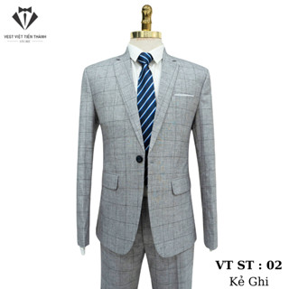 Bộ vest nam kẻ caro ghi cao cấp vest việt tiến thành