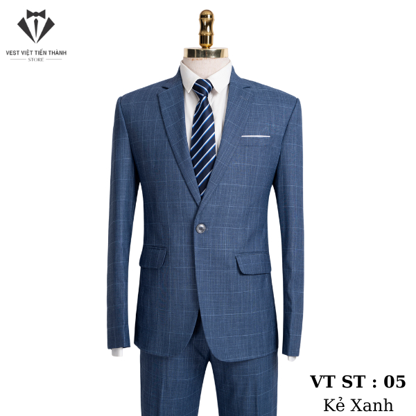 Bộ vest nam kẻ caro ghi cao cấp vest việt tiến thành