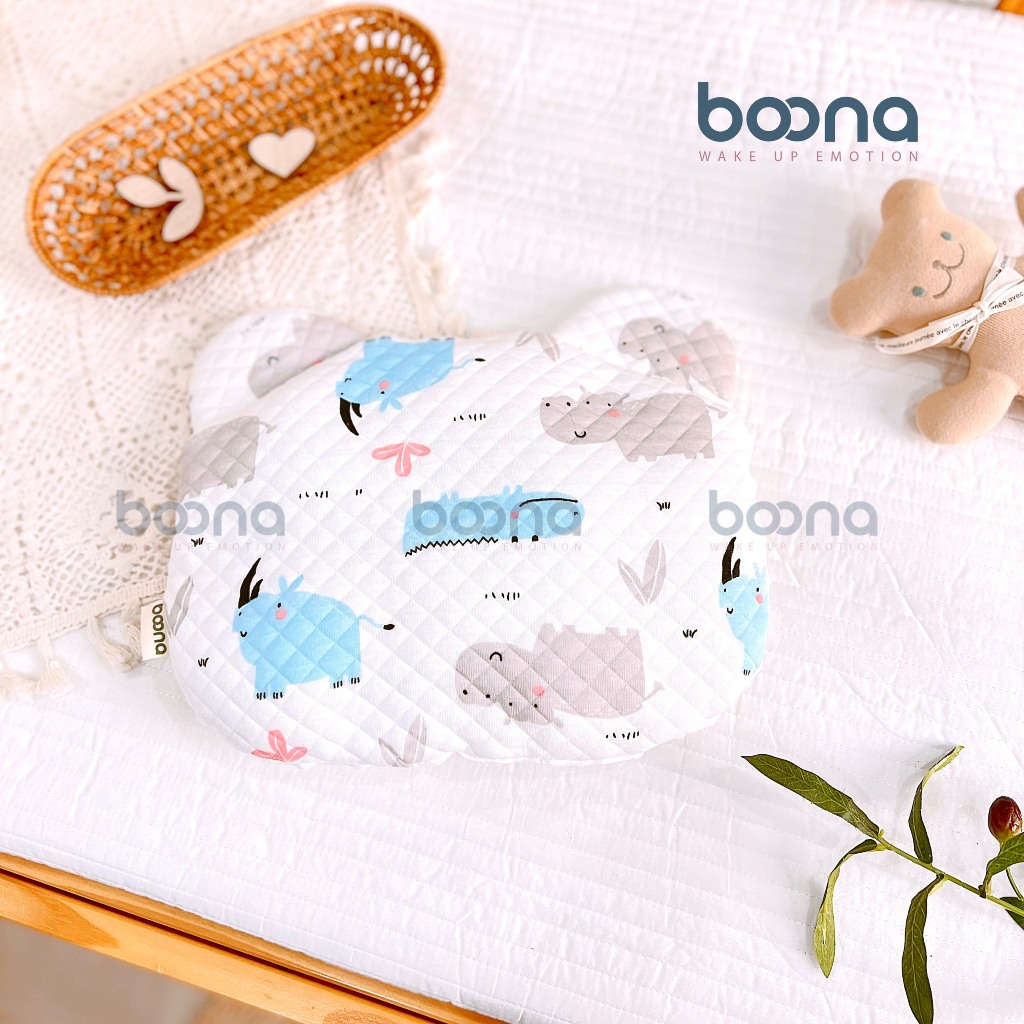 Gối Tai Gấu Trần Bông Phối Mặt Vải Hạt Đậu BOONA In Hình Dễ Thương Cao Cấp Cho Bé Sơ Sinh