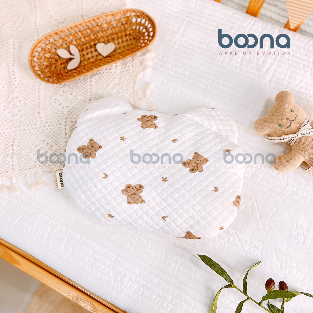 Gối Tai Gấu Trần Bông Phối Mặt Vải Hạt Đậu BOONA In Hình Dễ Thương Cao Cấp Cho Bé Sơ Sinh