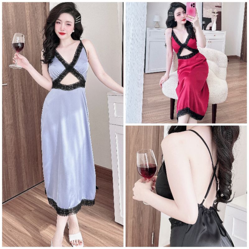 Đầm 2 Dây Maxi Chéo Hở Lưng Thiết Kế Dây Rút Siêu Sang - Lụa Latin Quảng Châu Cao Cấp