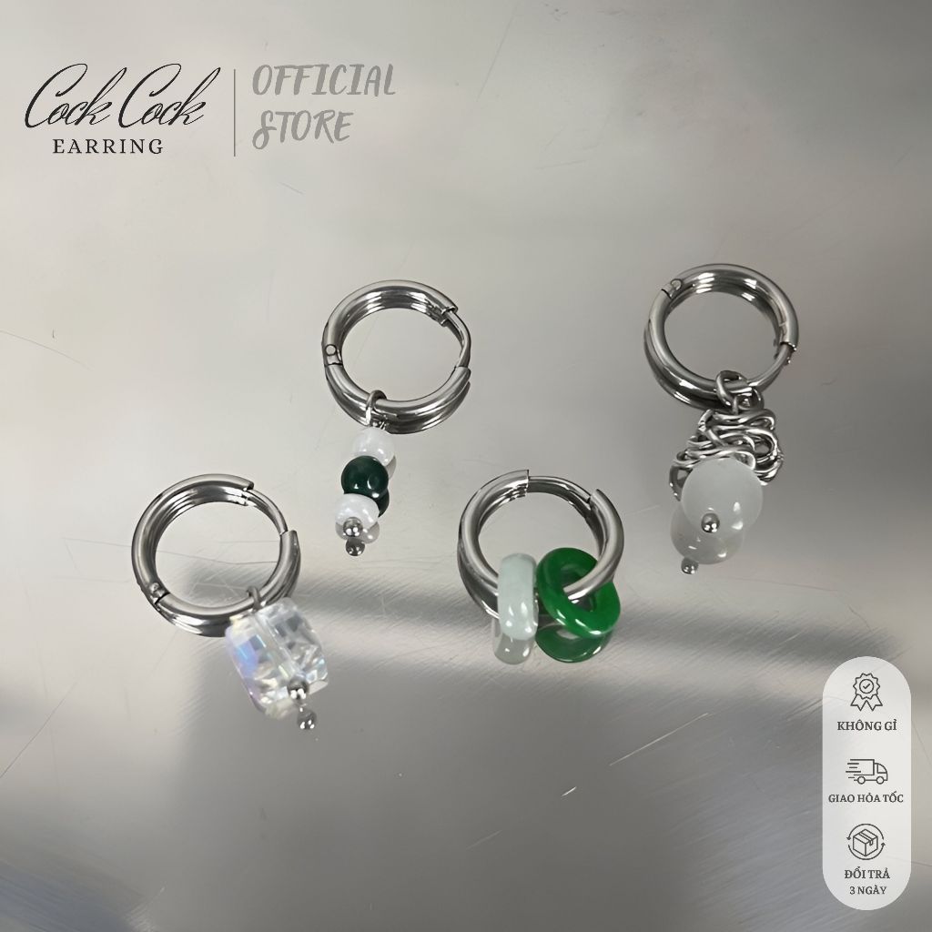 Khuyên tai tròn có xỏ lỗ đính charm màu sắc chống gỉ sét - CockCock