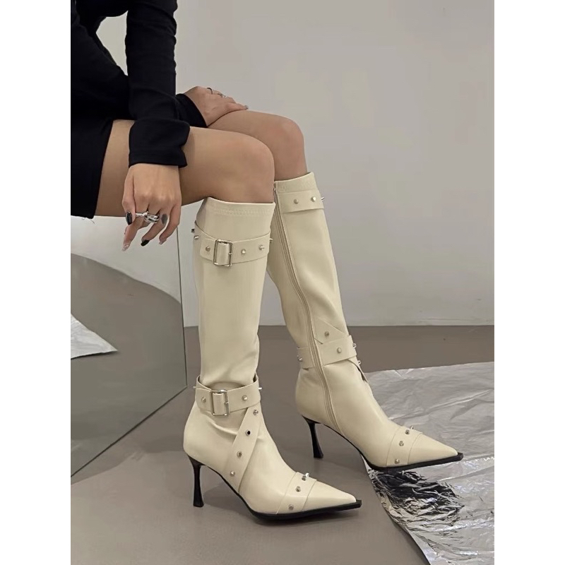 Giày Bốt Cao Gót Mũi Nhọn Bằng Da Pu Màu Trơn Basic Phối Khóa Kéo Thời Trang Dành Cho Nữ