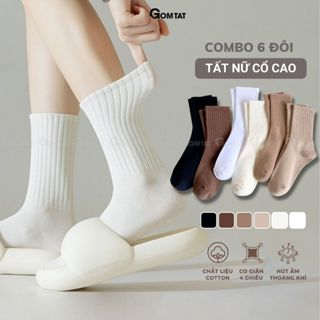  Combo 6 đôi tất cổ cao trơn sọc gân GOMTAT vớ nữ cao cổ chất vải dày dặn êm ái khử khuẩn thoáng khí - OAS-1701-CB6 