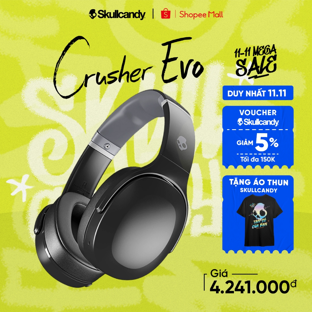 Tai nghe Skullcandy Crusher Evo Wireless Over Ear Headphone (có thanh Bass điều chỉnh tùy ý) - Bảo hành 12 tháng chính h