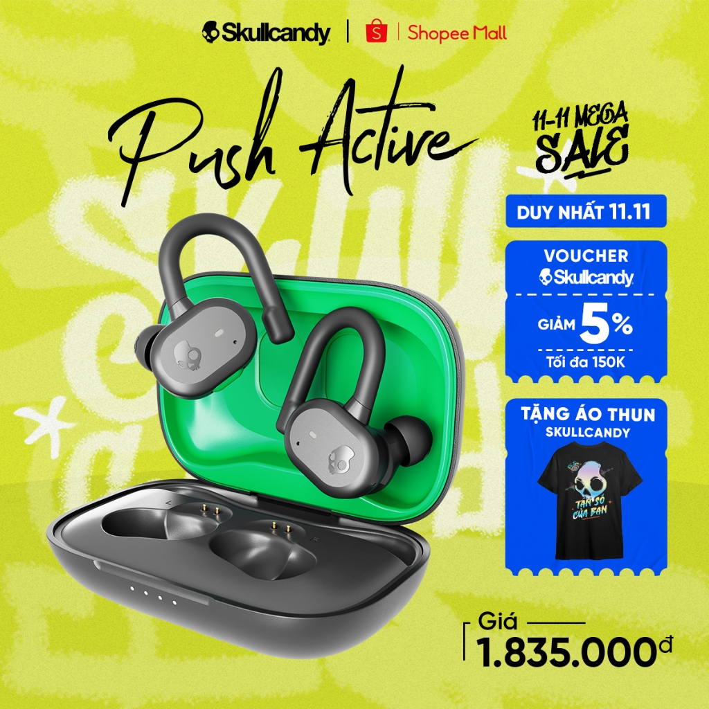 [HÀNG MỚI 2022 -  VOUCHER 100K] Tai nghe Skullcandy Push Active True Wireless, Voice Control, Skull iQ - Hàng chính hãng