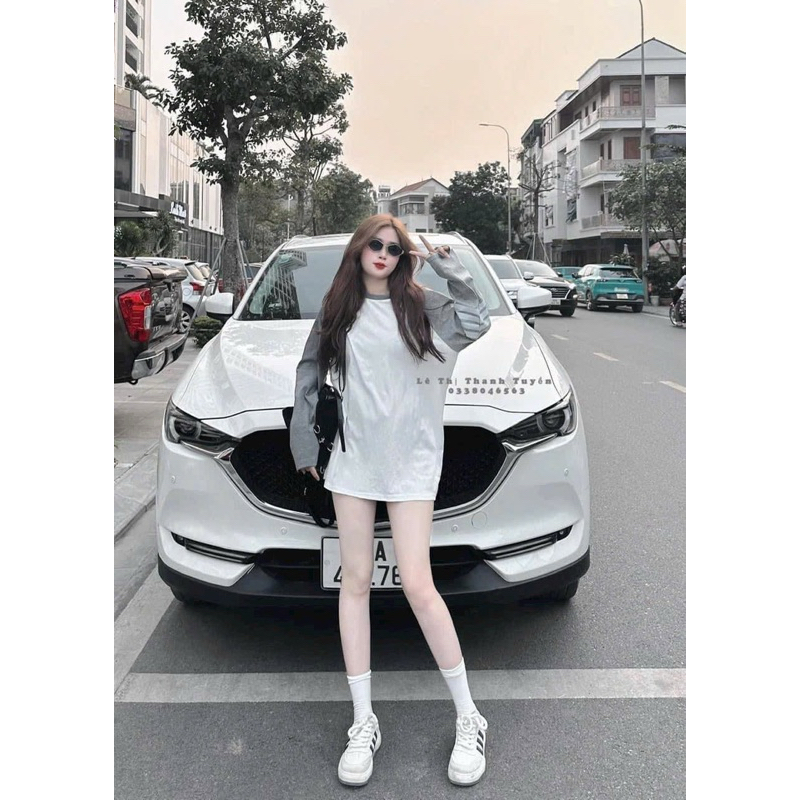 Áo thun dài tay Tho Me phối tay xám