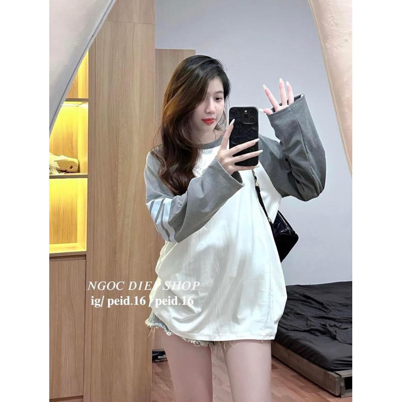 Áo thun dài tay Tho Me phối tay xám
