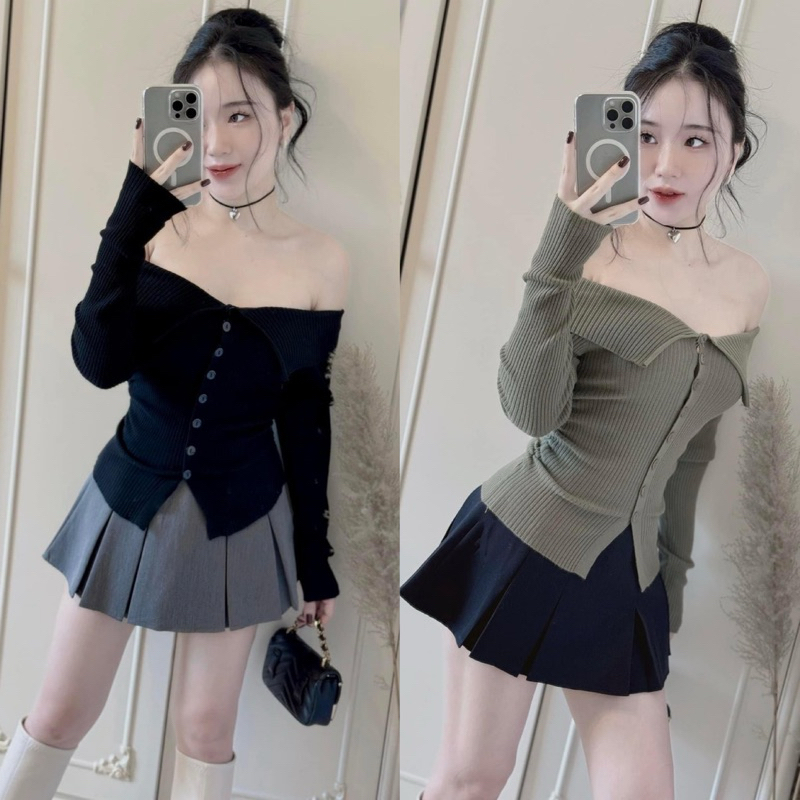 Áo Len Trễ Vai Rút Sườn Cài Khuy