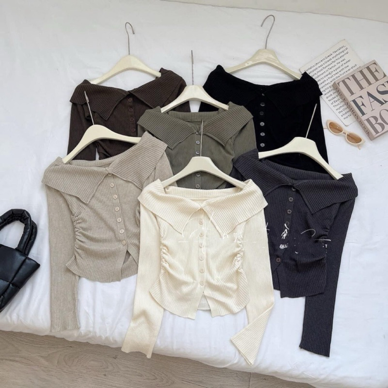 Áo Len Trễ Vai Rút Sườn Cài Khuy