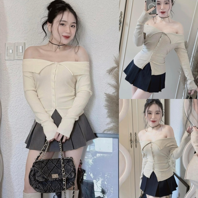 Áo Len Trễ Vai Rút Sườn Cài Khuy