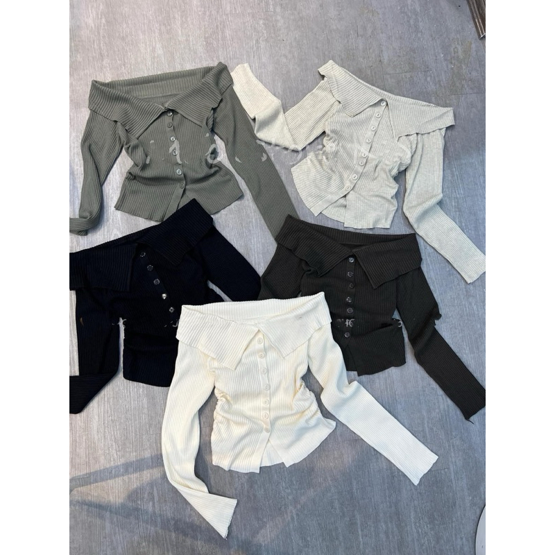 Áo Len Trễ Vai Rút Sườn Cài Khuy