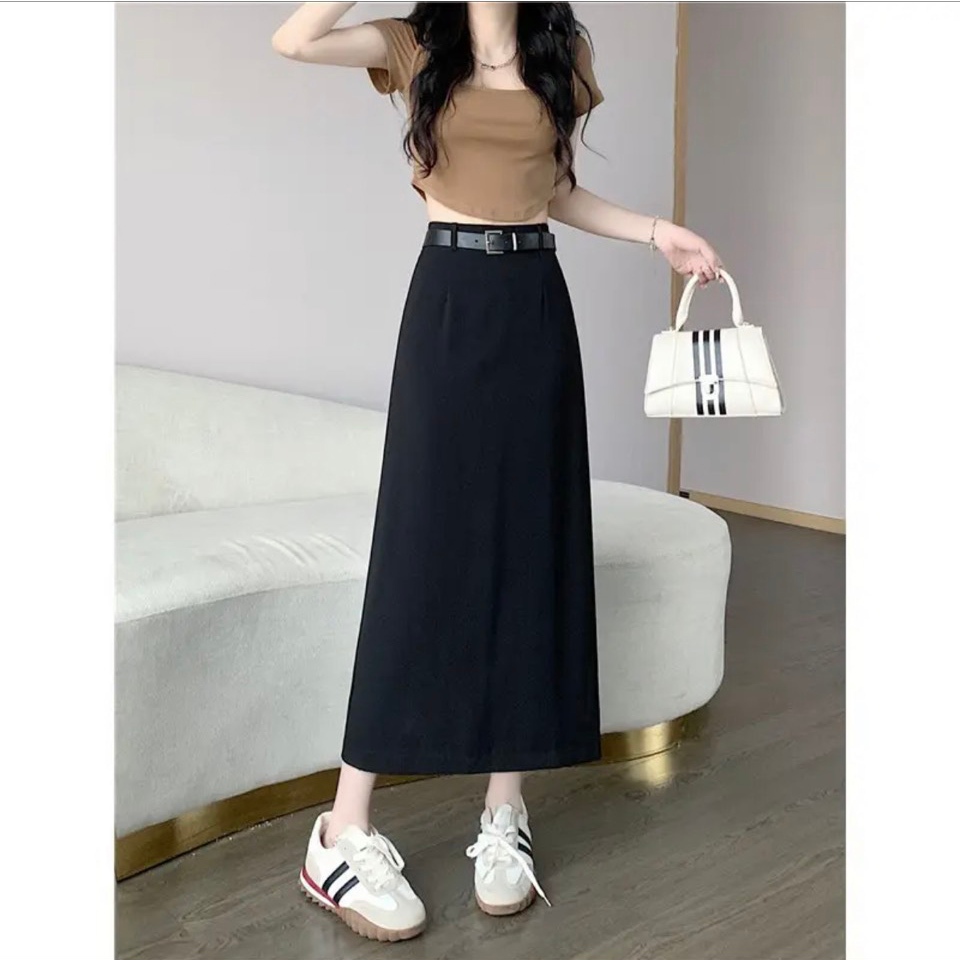 Chân váy A, chất chéo hàn dầy dặn, không bai không xù không nhăn, kèm thắt lưng da thời trang