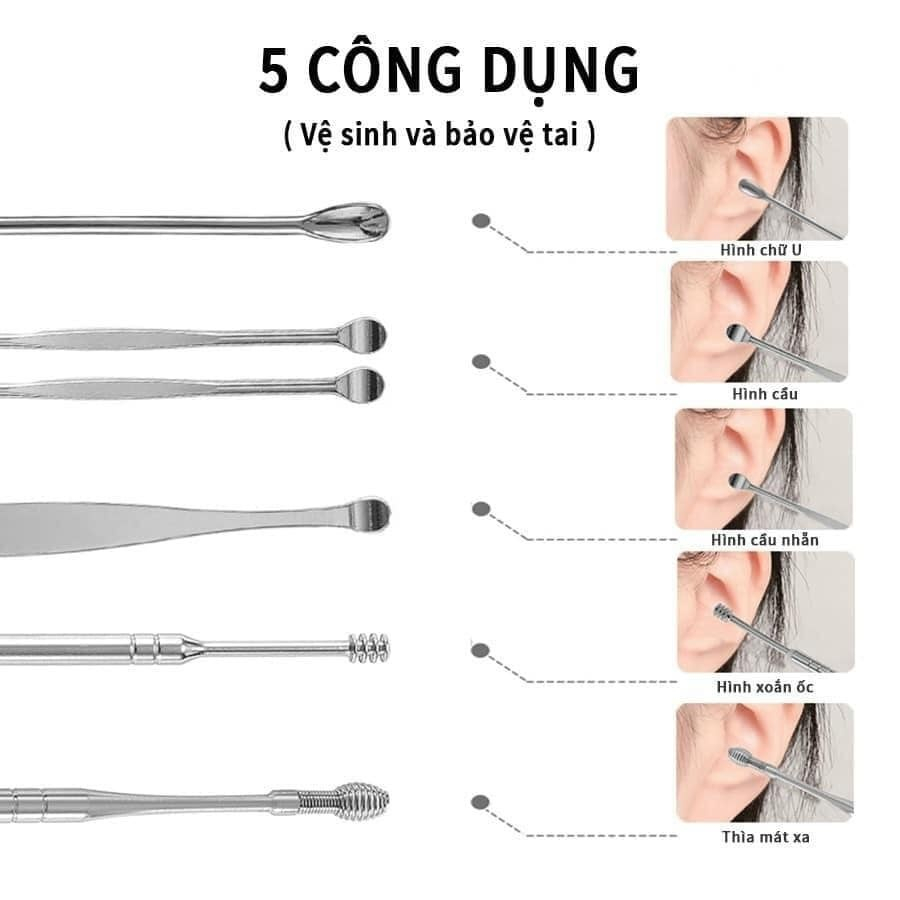 Bộ Dụng Cụ Ngoáy Tai 5 Món Inox , Lấy Ráy Tai, Massage Tai Inox