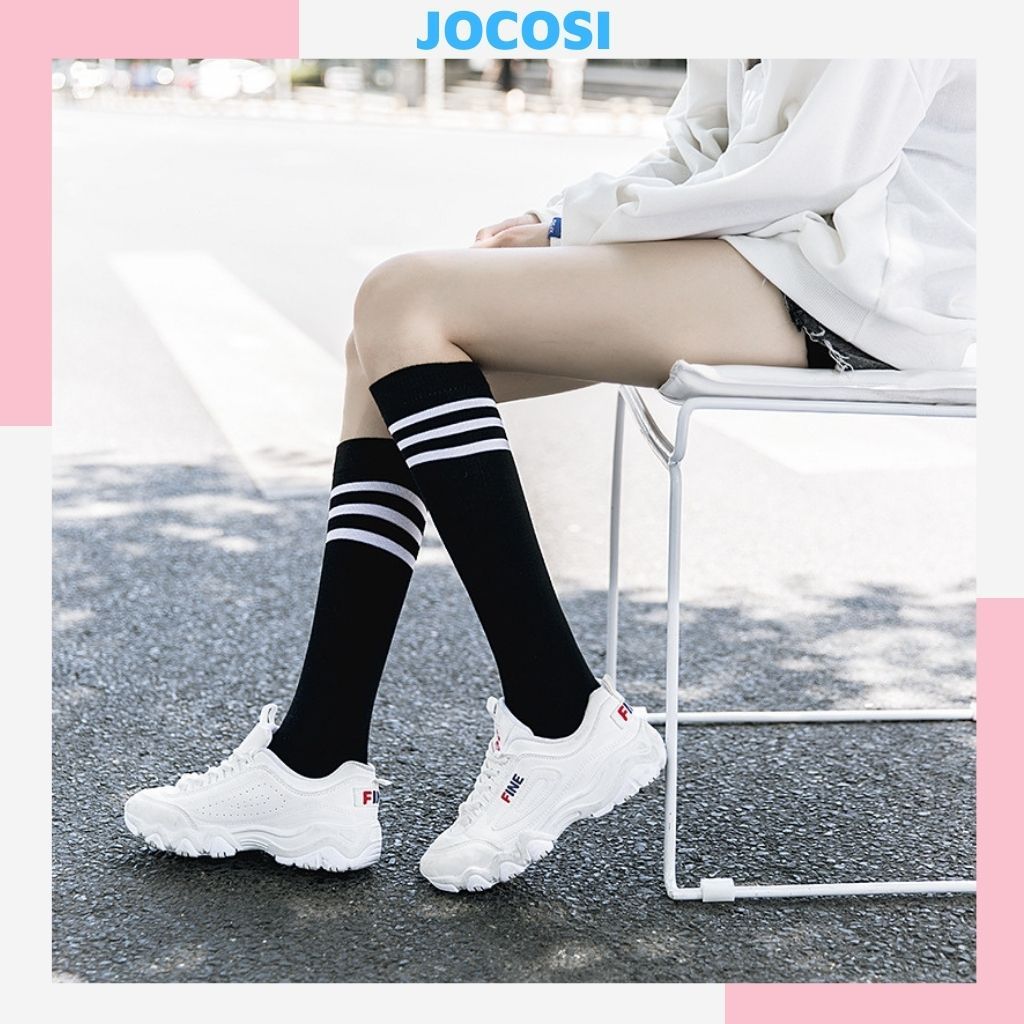 Tất nam nữ cổ cao style hàn quốc dễ thương, Vớ nữ chất liệu cotton 3 sọc phong cách thể thao JOCOSI T18