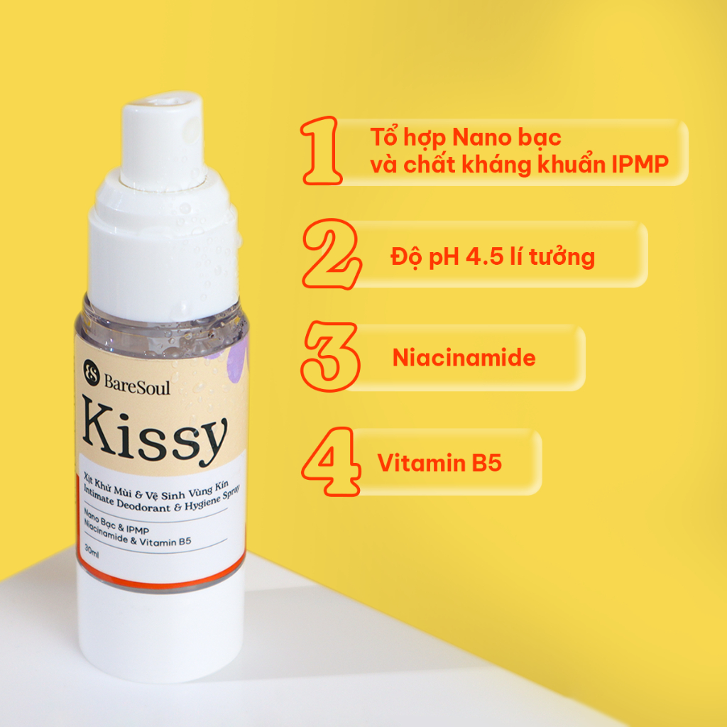 Xịt Khử Mùi & Vệ Sinh Vùng Kín BareSoul Kissy Intimate Deodorant & Hygiene Spray 30ml