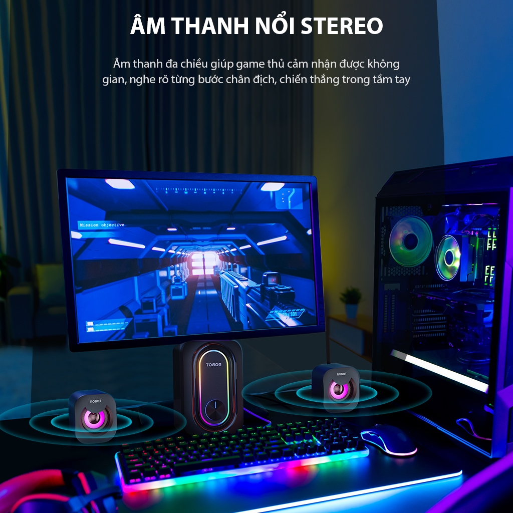 Loa Vi Tính Gaming Để Bàn ROBOT Đèn LED RGB Âm thanh Stereo Công suất 9W RS190 BH 12 tháng HÀNG CHÍNH HÃNG