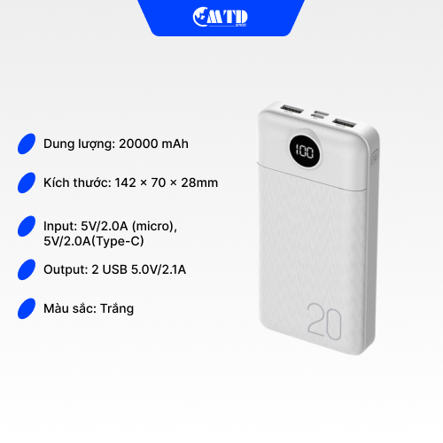 Sạc dự phòng BASEIN 20000mAh 126P màn hình led dành cho điện thoại