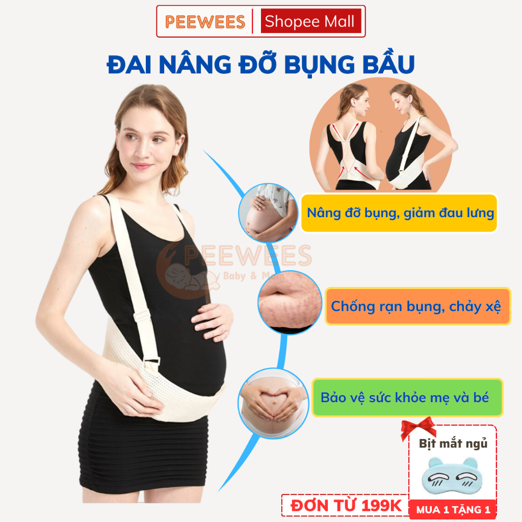 Đai Nâng Đỡ Bụng Bầu PEEWEES Co Giãn 4 Chiều, Giảm Đau Lưng, Chống Rạn Bụng