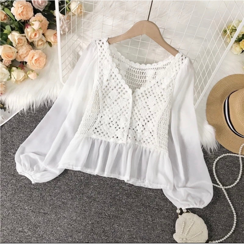 Áo sơ mi ren bánh bèo hoa LeLa mã LDT07 màu trắng be