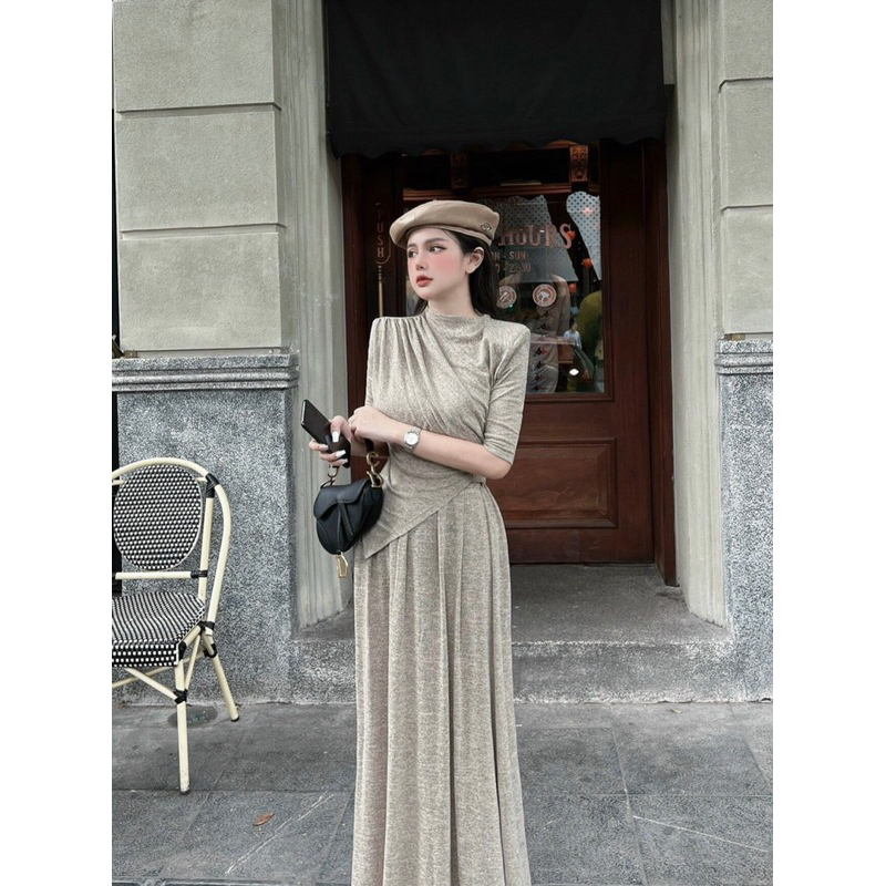 Sét áo chiết eo vạt lệch cộc tay + váy dáng dài 2 màu