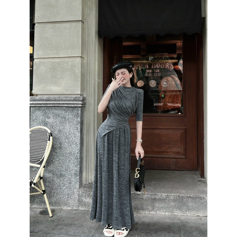 Sét áo chiết eo vạt lệch cộc tay + váy dáng dài 2 màu