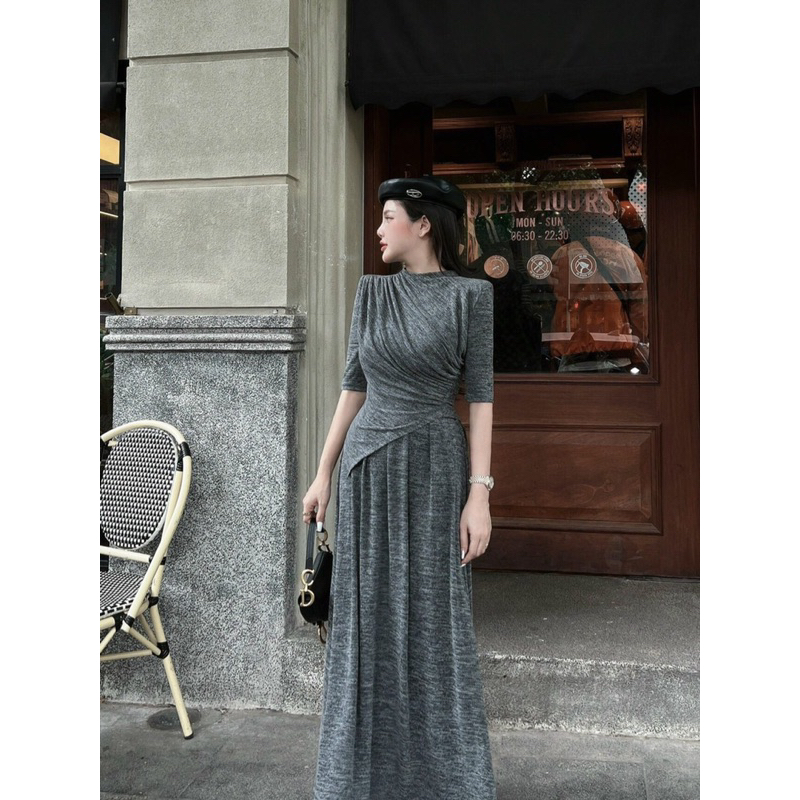 Sét áo chiết eo vạt lệch cộc tay + váy dáng dài 2 màu