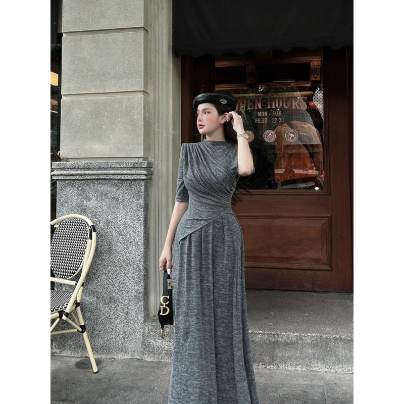 Sét áo chiết eo vạt lệch cộc tay + váy dáng dài 2 màu