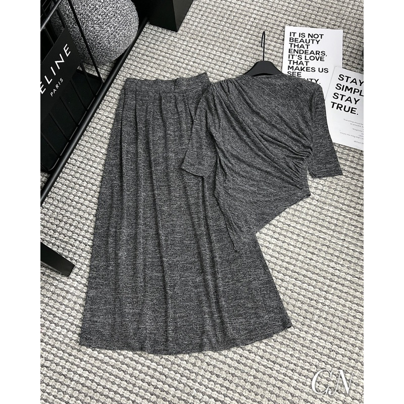 Sét áo chiết eo vạt lệch cộc tay + váy dáng dài 2 màu