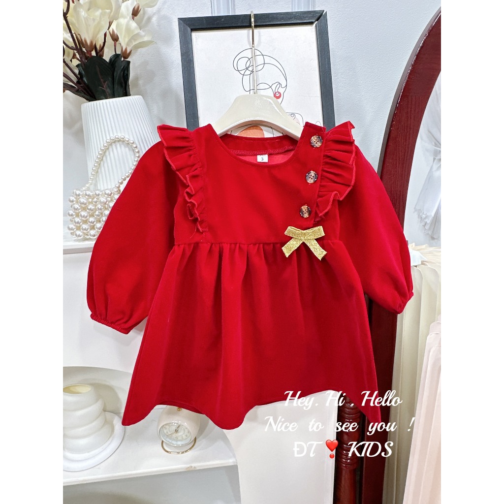 Váy bé gái - đầm babydoll nhung đỏ dáng ngắn đính nơ xinh 8-18kg