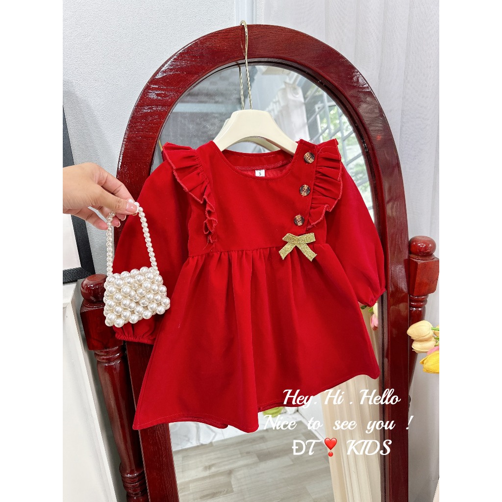 Váy bé gái - đầm babydoll nhung đỏ dáng ngắn đính nơ xinh 8-18kg